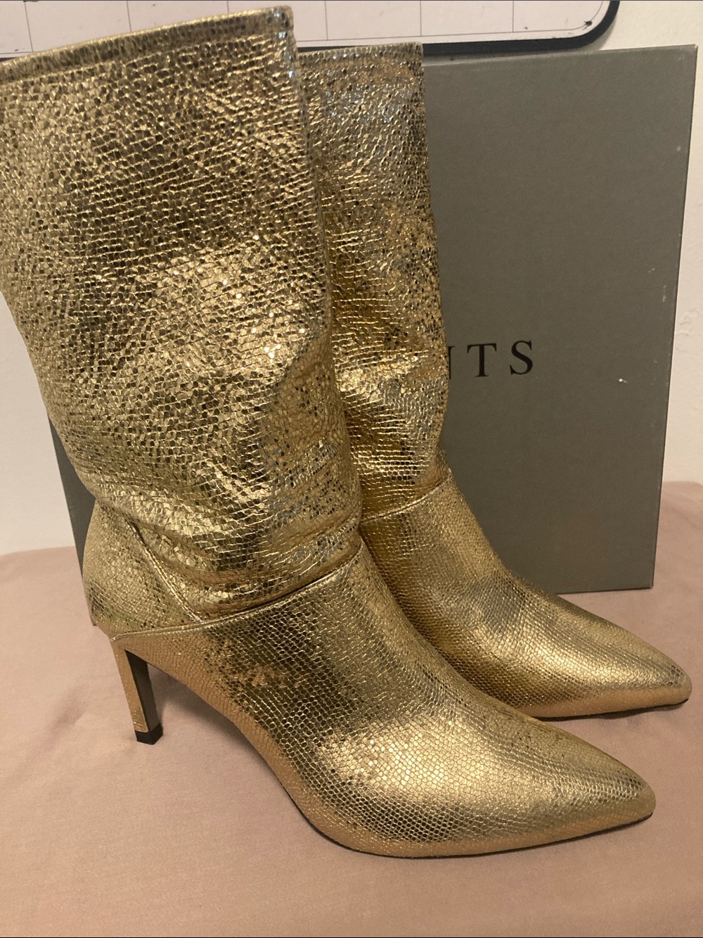 AllSaints Orlana Gold Shimmer Embossed Metallic Leather Boots 8US NIB $349